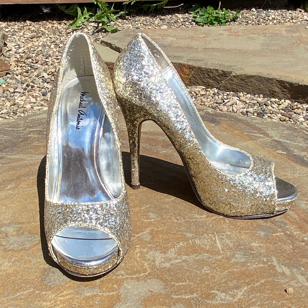 NEW Michael Antonio Gold Glitter Peep Toe Heels